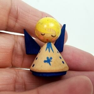 Vntg Mini Wooden Angel Ornament - Blue and Yellow